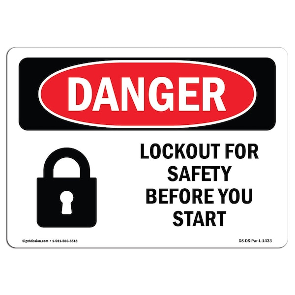 Signmission OSHA Danger, Lockout For Safety Before You Start, 7in X 5in Decal, 5" W, 7" L, Landscape OS-DS-D-57-L-1433 - main